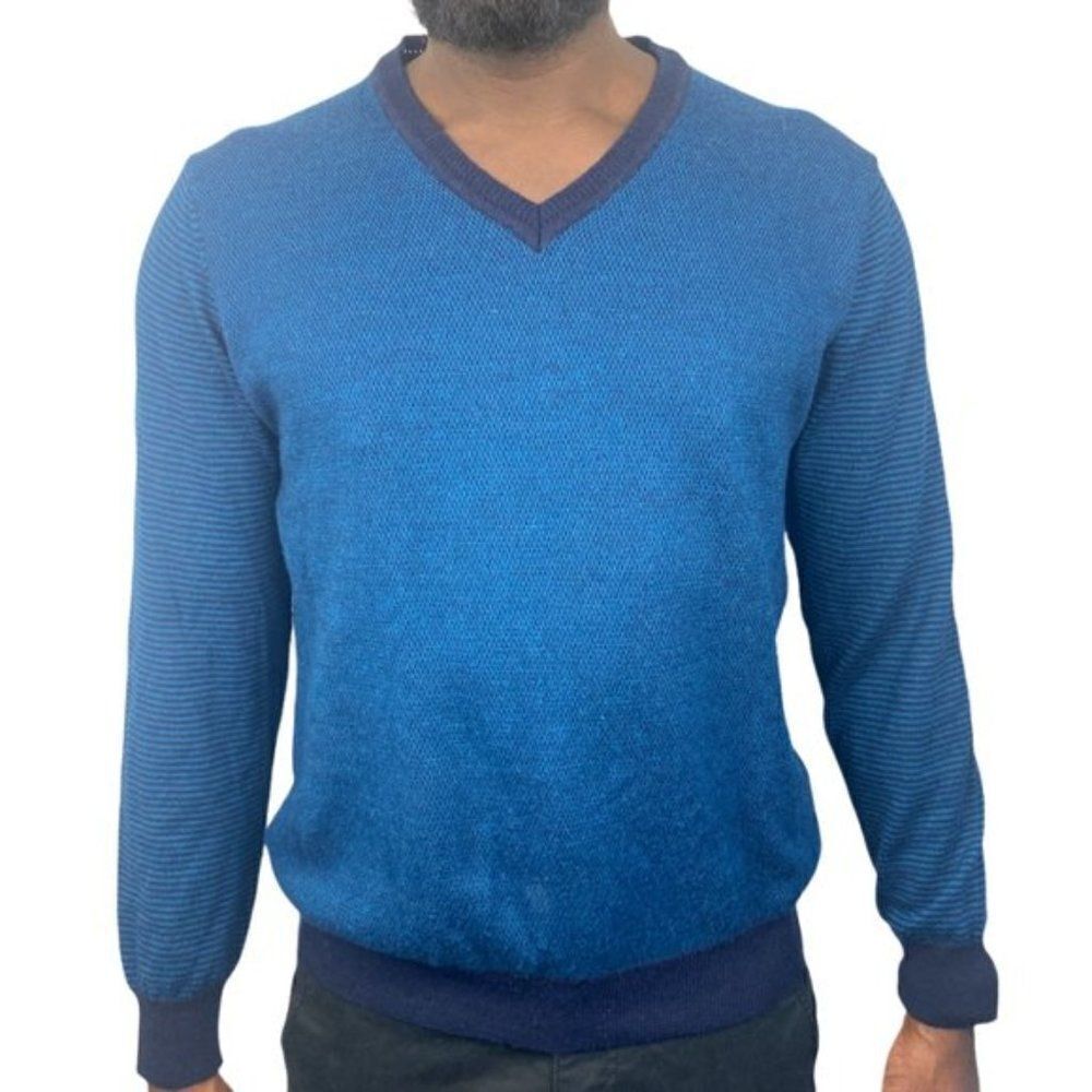 Simons Men's Blue Knit Italian Merino Wool Blend V Neck Long Sleeve Sweater US S